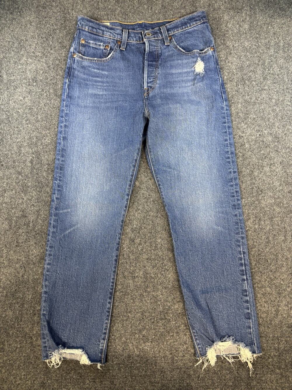 Levis 501 Jeans Women 28x26 Blue Med Wash Distressed Button Fly Straight Stretch